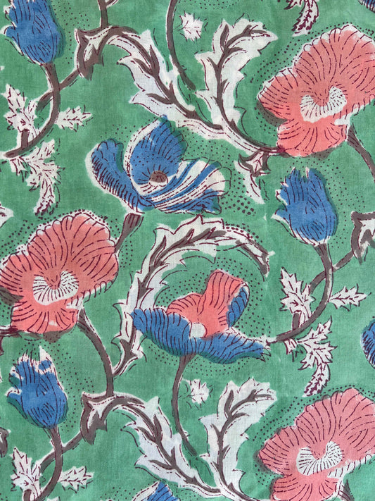 cotton fabric |  green, natural, sky blue & apricot stems