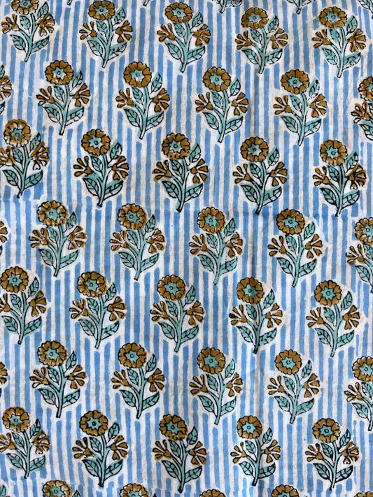 cotton fabric |  baby blue stripes yellow & aqua flowers