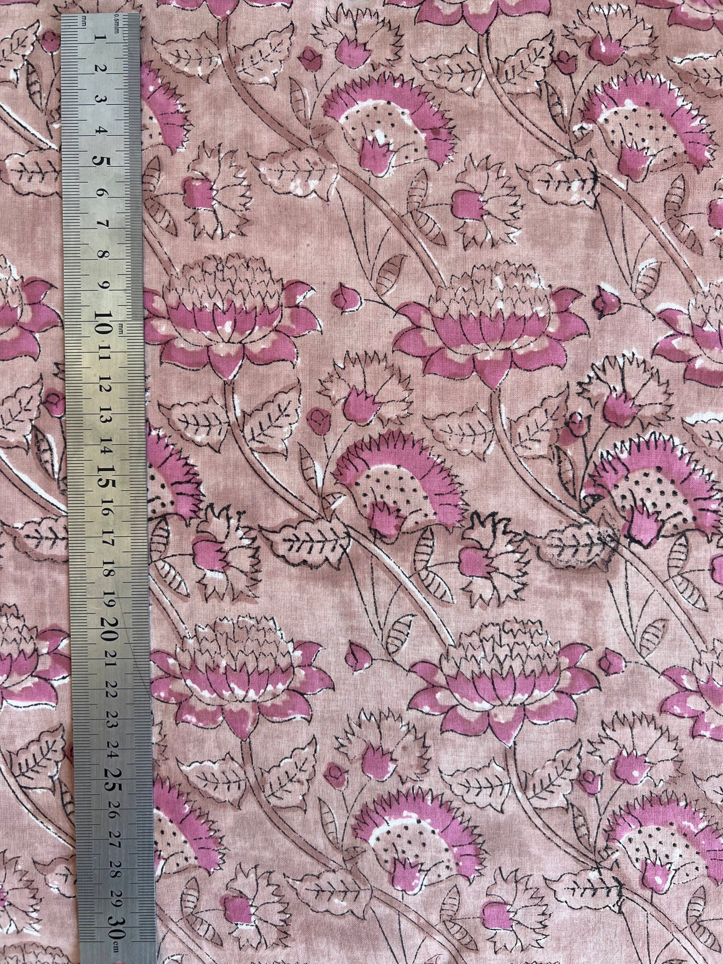 cotton fabric |  natural tan & pink flower trail