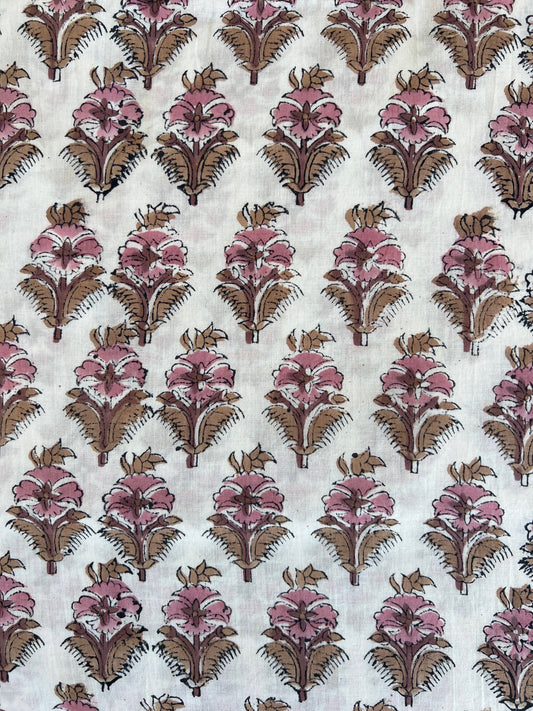 cotton fabric |  natural tan, brown & pink regal buds