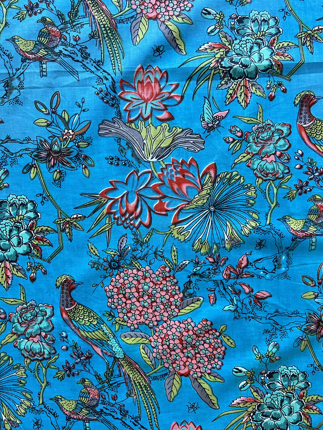 lightweight cotton ocean teal blue large scale print peacock