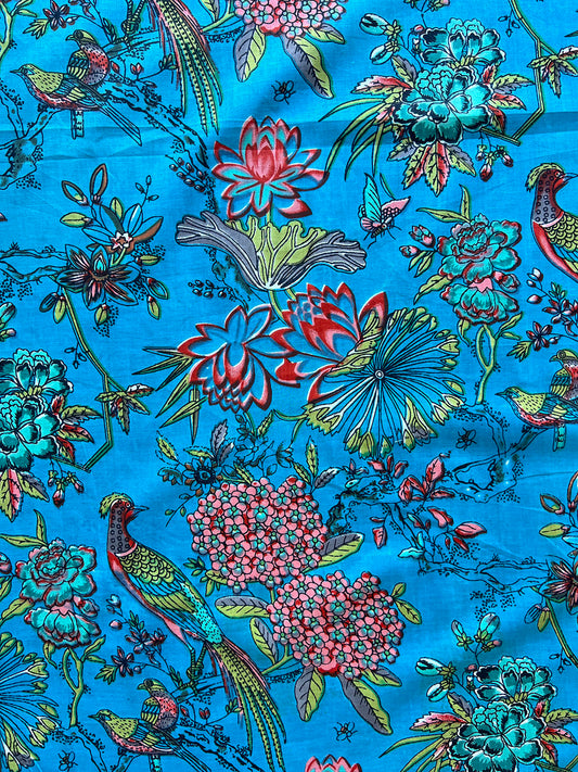 lightweight cotton ocean teal blue large scale print peacock