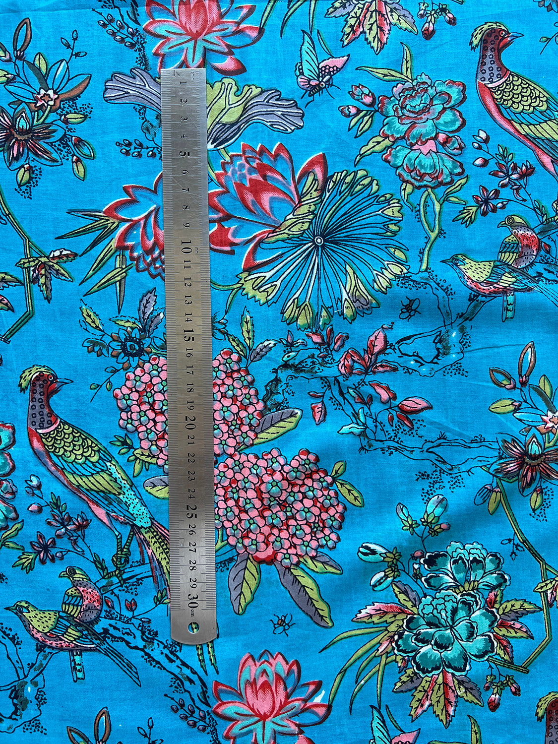 lightweight cotton ocean teal blue large scale print peacock