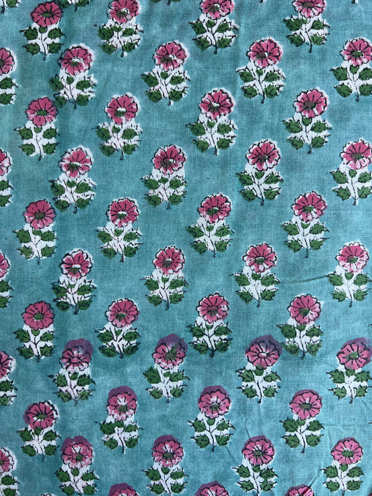 cotton fabric | aqua green, soft pink & green small buds