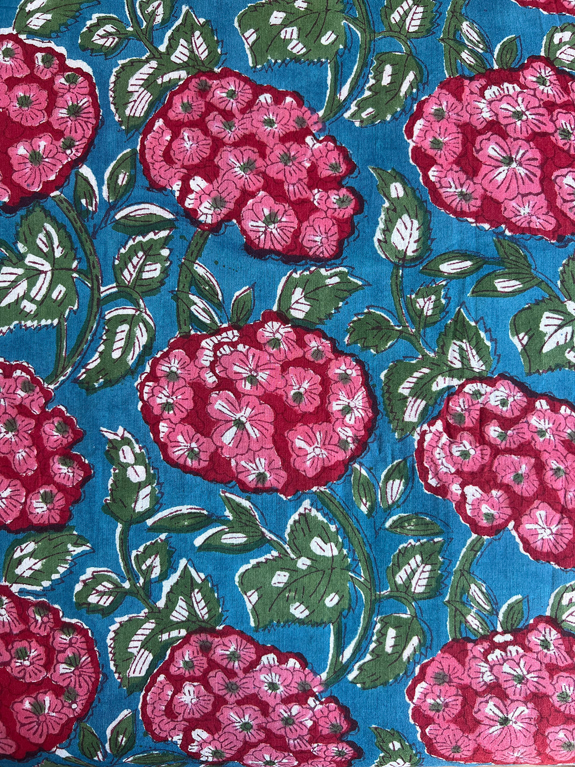 cotton fabric | teal blue green large pink blossoms