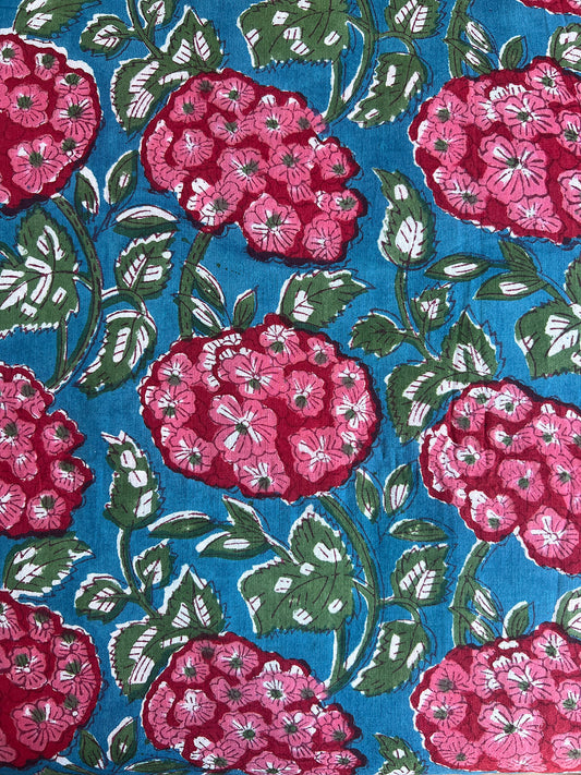 cotton fabric | teal blue green large pink blossoms